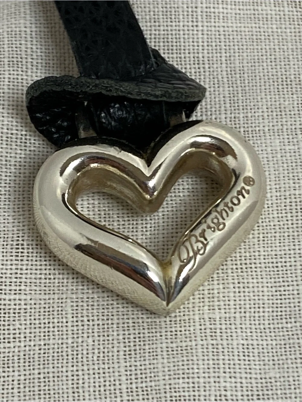 Brighton Heart Key Chain Charm Fob Black Pebbled Leather Silver Tone